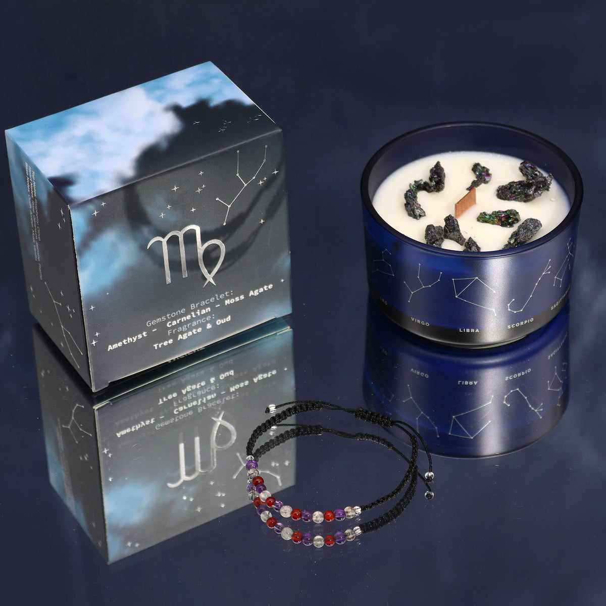 Bougie Vierge & son Bracelet – Améthyste, Cornaline & Agate Mousse