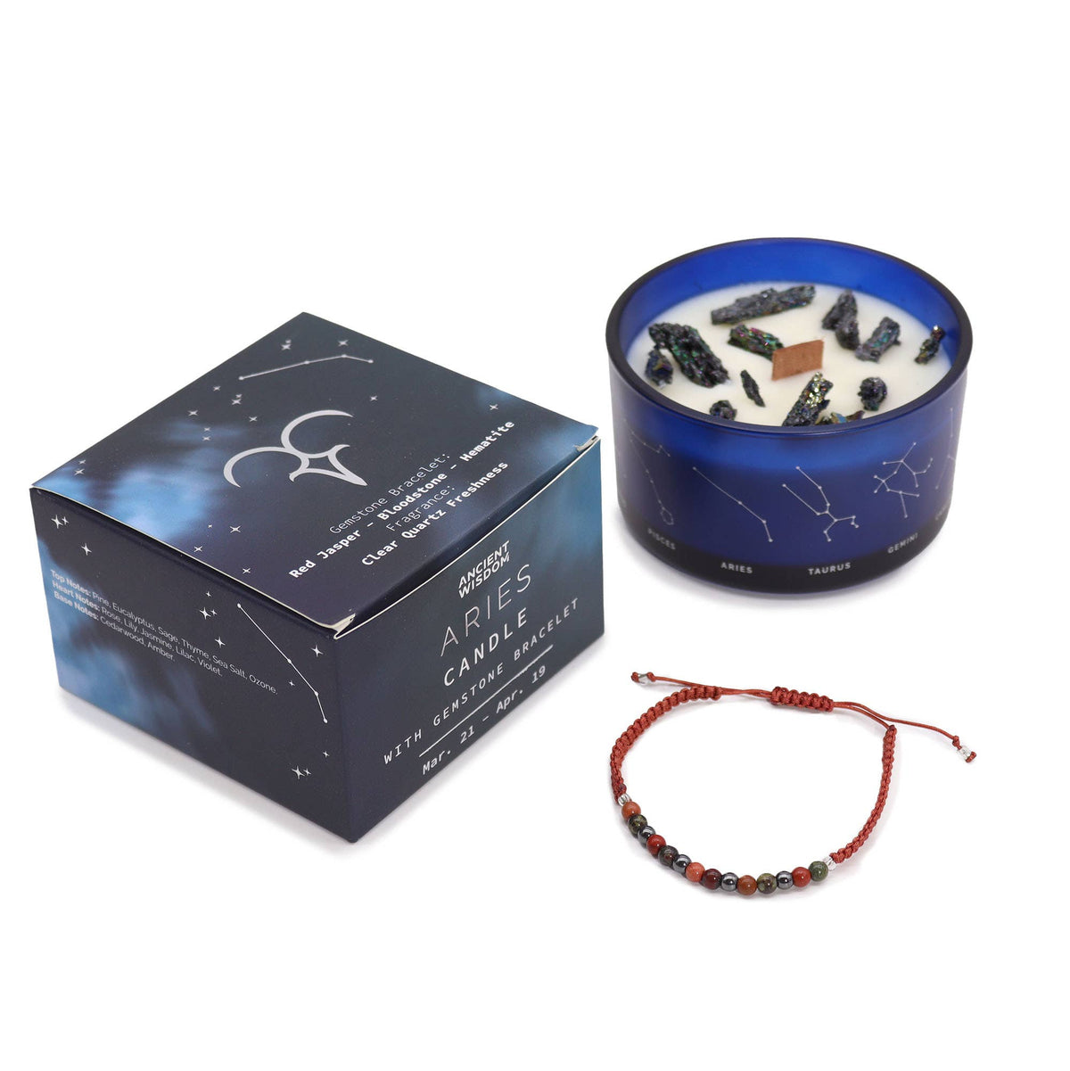Bougie Bélier & son Bracelet – Jaspe Rouge, Héliotrope & Hématite