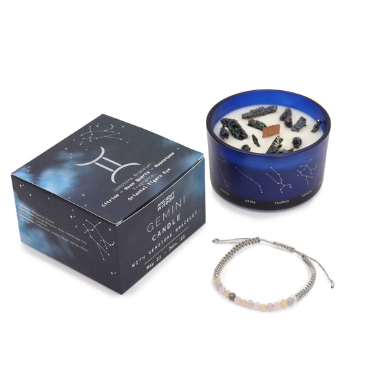 Bougie Gémeaux & son Bracelet – Citrine, Quartz Rose & Pierre de Lune