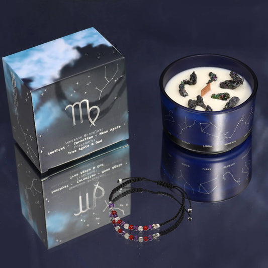 Bougie Vierge & son Bracelet – Améthyste, Cornaline & Agate Mousse