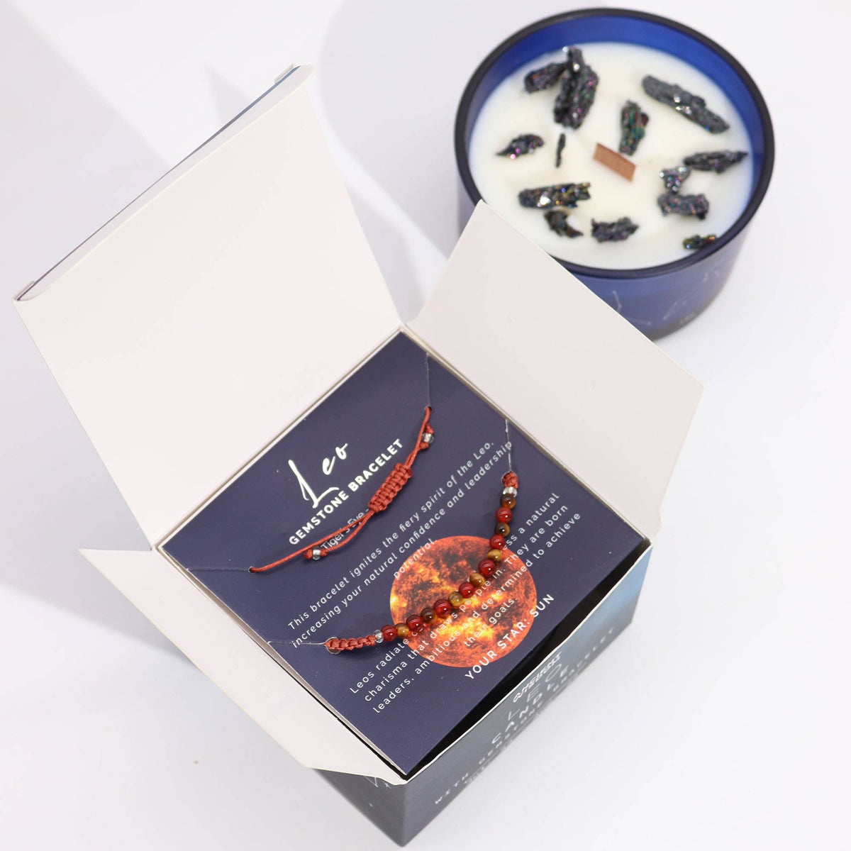 Bougie Lion & son Bracelet – Œil de Tigre & Cornaline