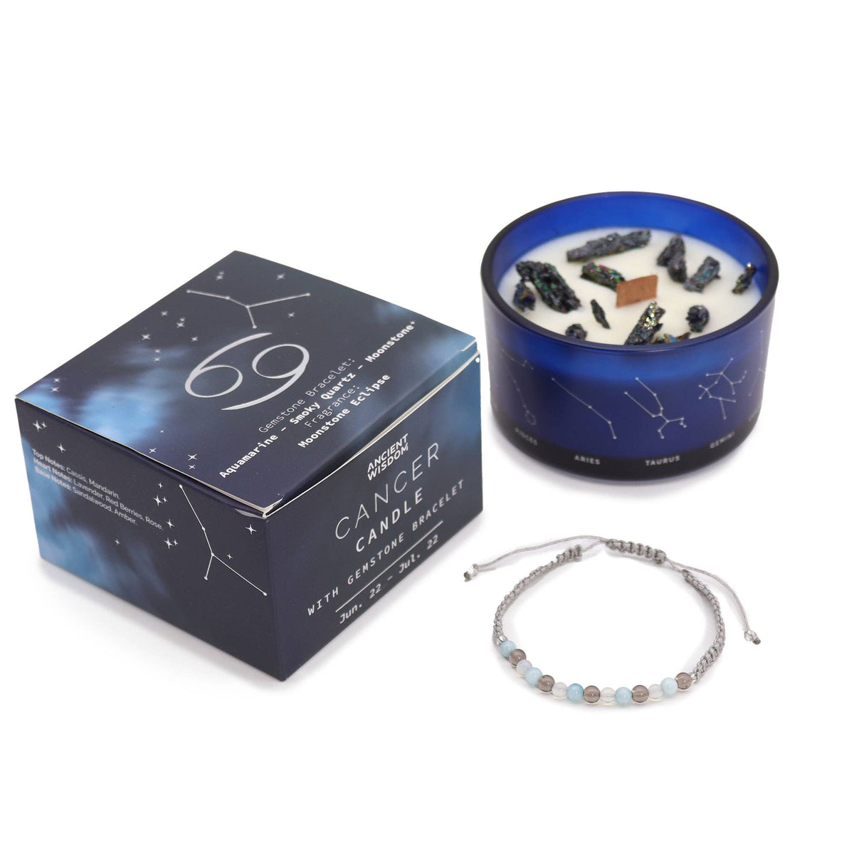 Bougie Cancer & son Bracelet – Aigue-Marine, Quartz Fumé & Pierre de Lune
