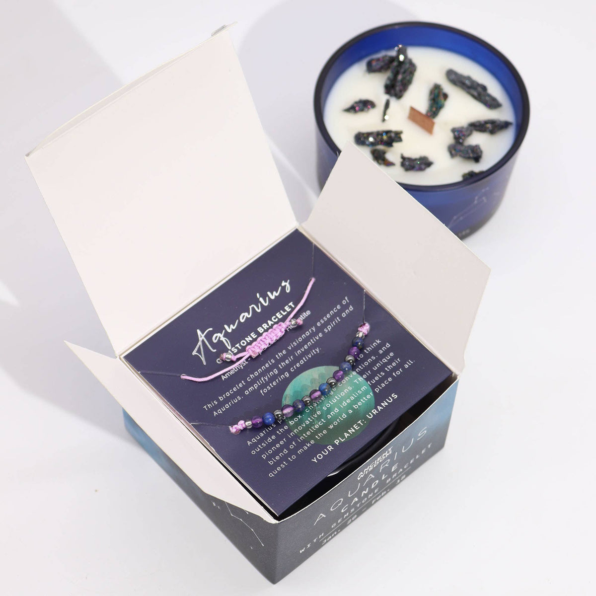 Bougie Verseau & son Bracelet – Améthyste, Lapis-Lazuli & Hématite