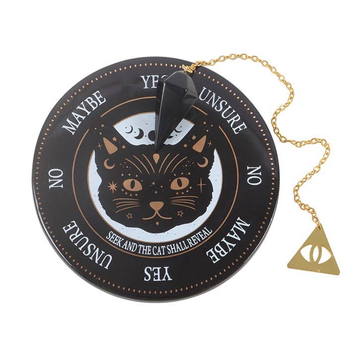Kit Pendule « Chat Noir » – Obsidienne & Plateau Divinatoire