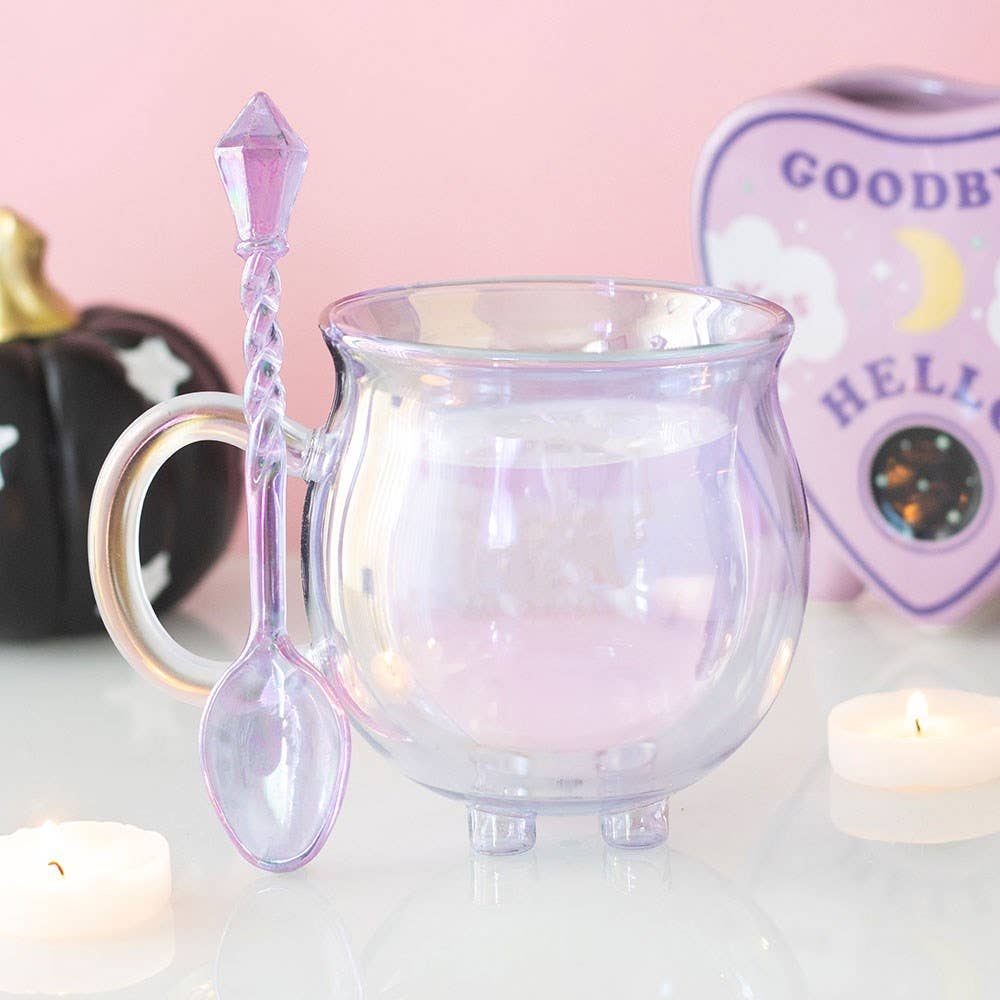 Mug Chaudron en Verre Double Paroi Violet & sa Cuillère