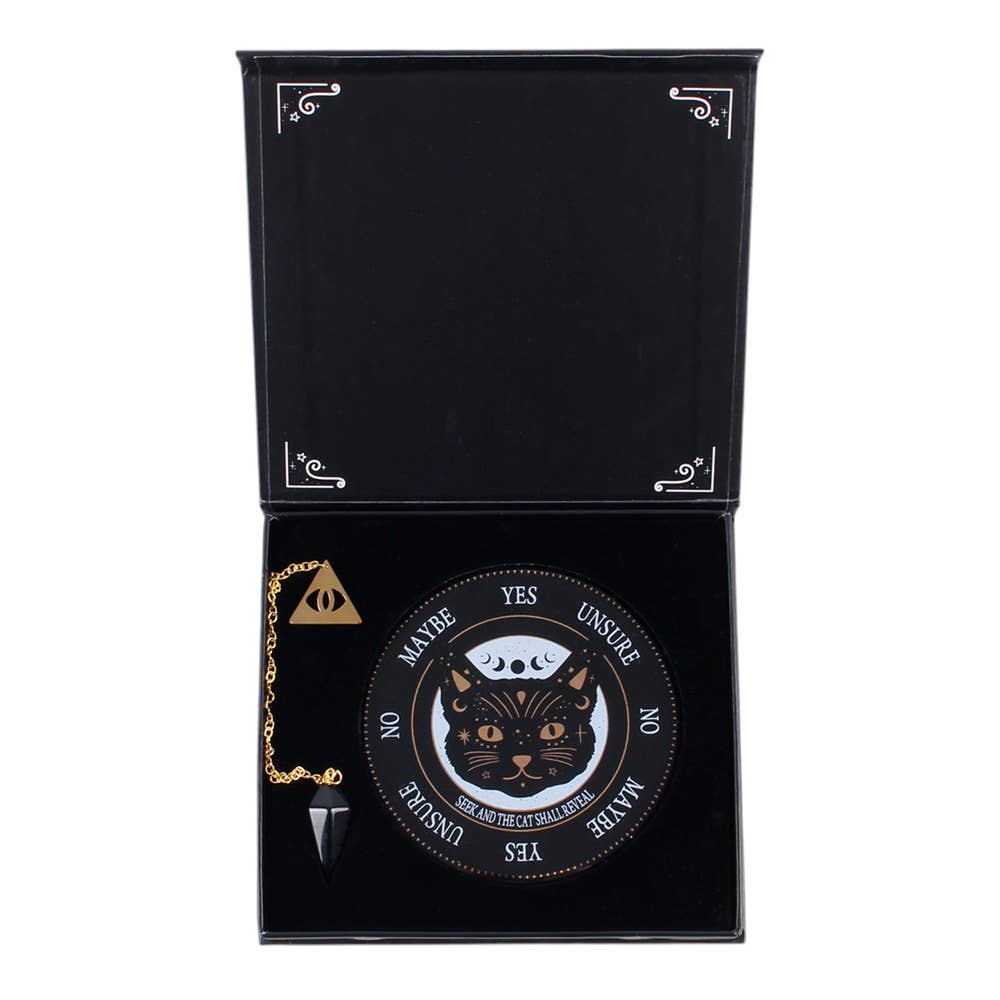 Kit Pendule « Chat Noir » – Obsidienne & Plateau Divinatoire