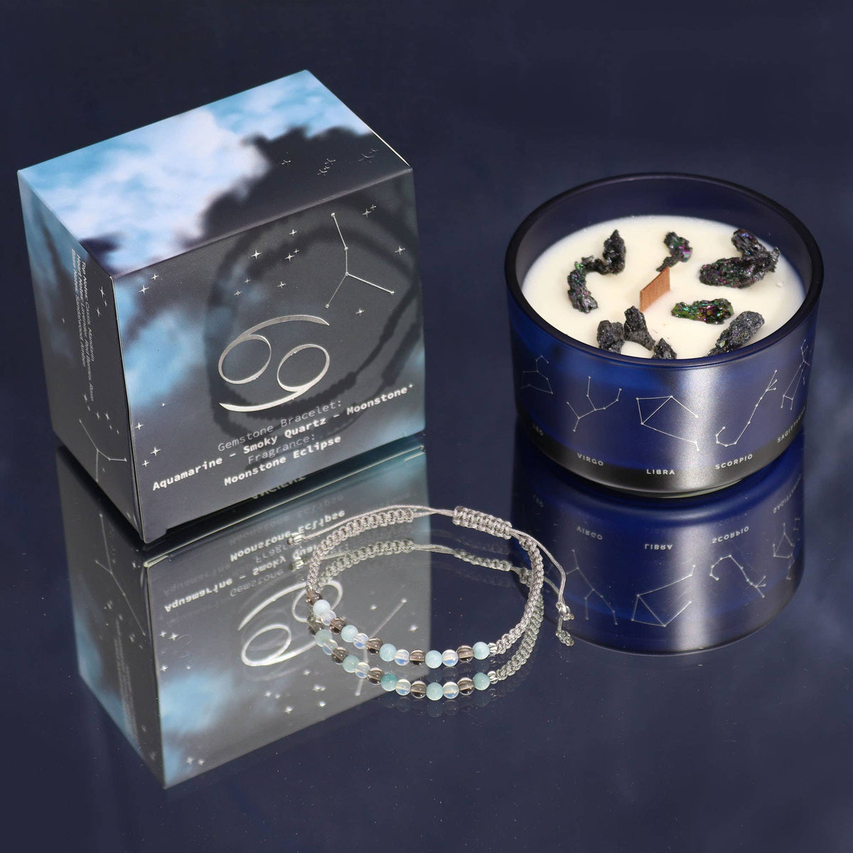Bougie Cancer & son Bracelet – Aigue-Marine, Quartz Fumé & Pierre de Lune