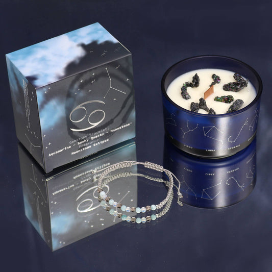 Bougie Cancer & son Bracelet – Aigue-Marine, Quartz Fumé & Pierre de Lune