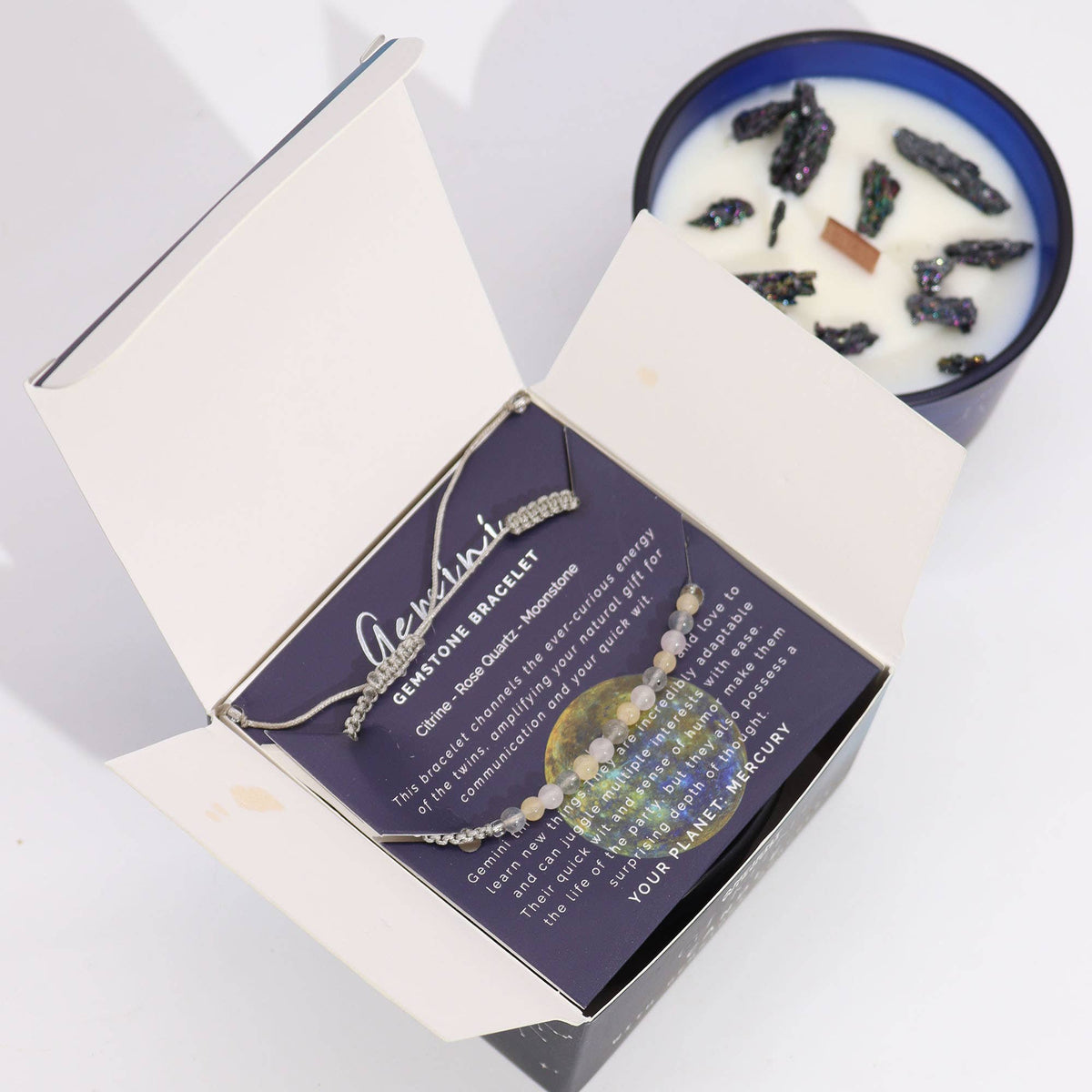 Bougie Gémeaux & son Bracelet – Citrine, Quartz Rose & Pierre de Lune