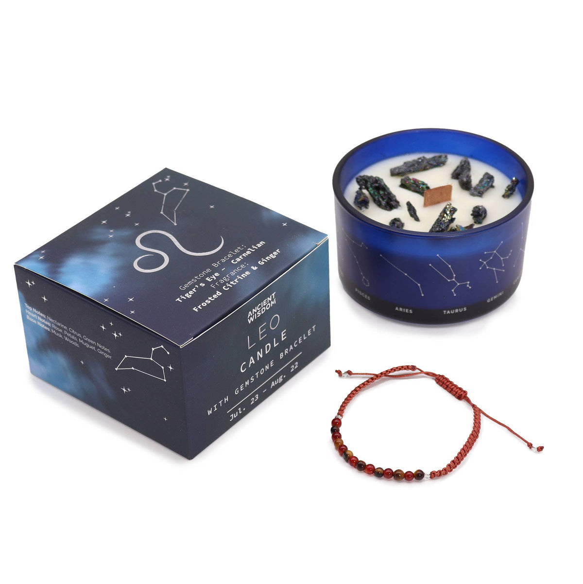 Bougie Lion & son Bracelet – Œil de Tigre & Cornaline