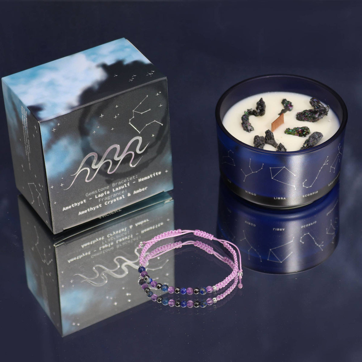 Bougie Verseau & son Bracelet – Améthyste, Lapis-Lazuli & Hématite