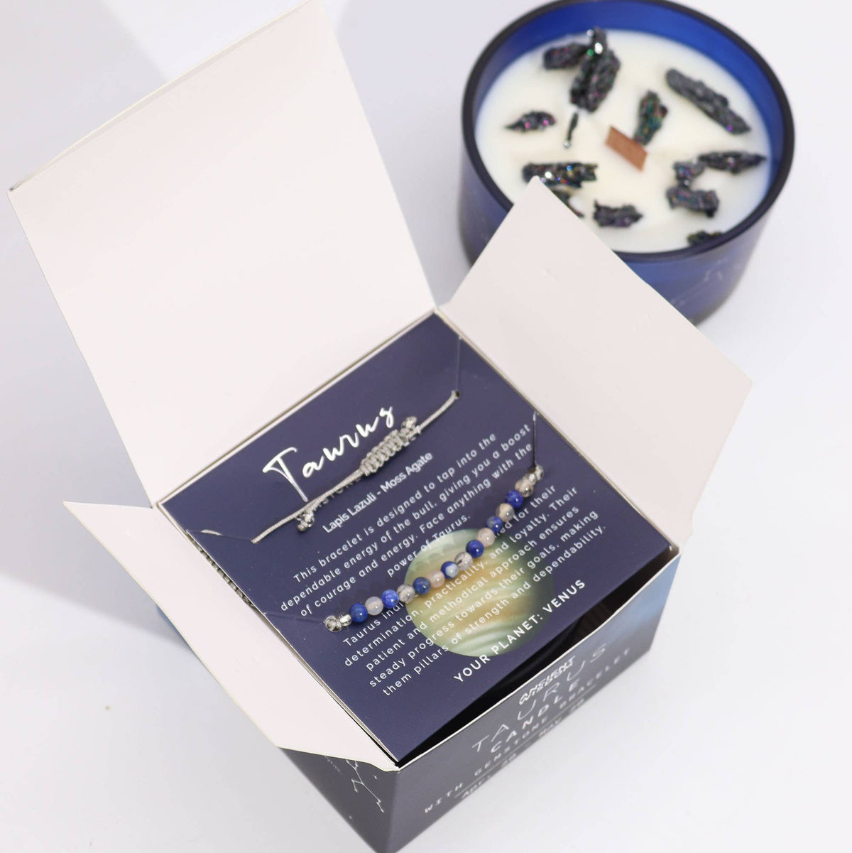 Bougie Taureau & son Bracelet – Lapis-Lazuli & Agate Mousse