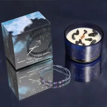 Bougie Sagittaire & son Bracelet – Améthyste, Sodalite & Obsidienne Noire